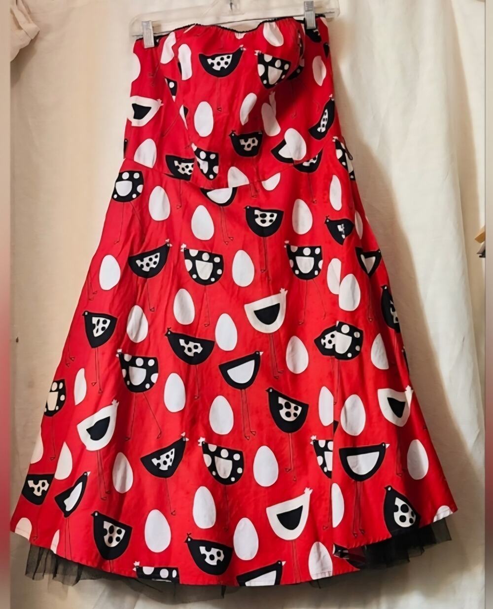 Vintage sZ Med Rockabilly Strapless Red Peeking Petty Coat Dress Printed Midi